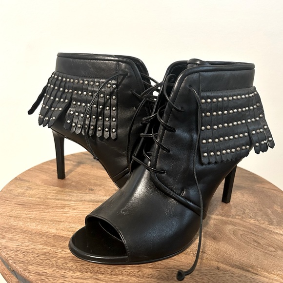 Saint Laurent NWT Black Leather Studded Fringe Open Toe Lace Up Booties Size 35 - Picture 4 of 10